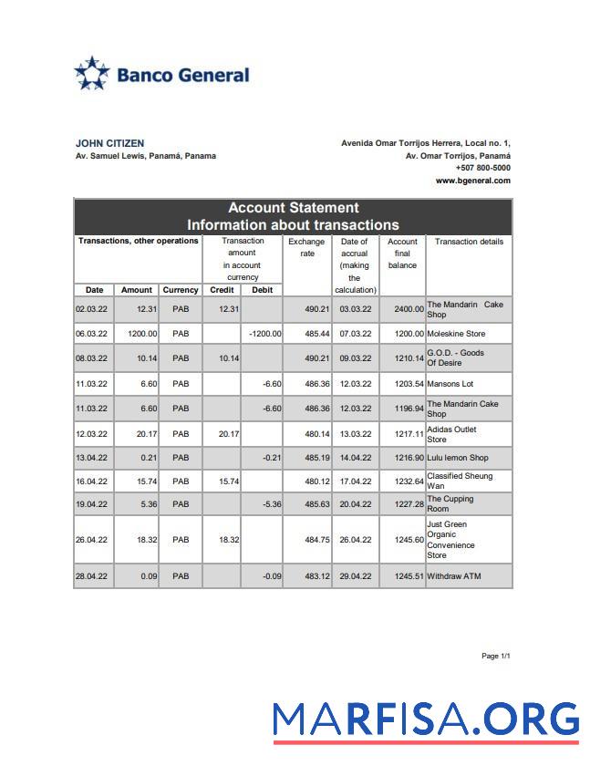 Printable Panama Banco General bank statement excel download for verification